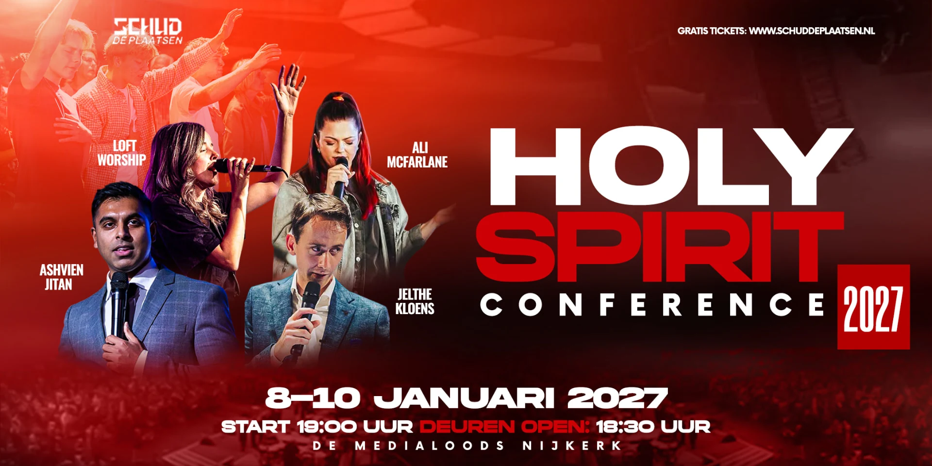 Flyer Holy Spirit Conference — 8–10 januari 2027, deuren open 18:30 uur, start 19:00 uur, in de Medialoods Nijkerk. Reserveer je ticket
