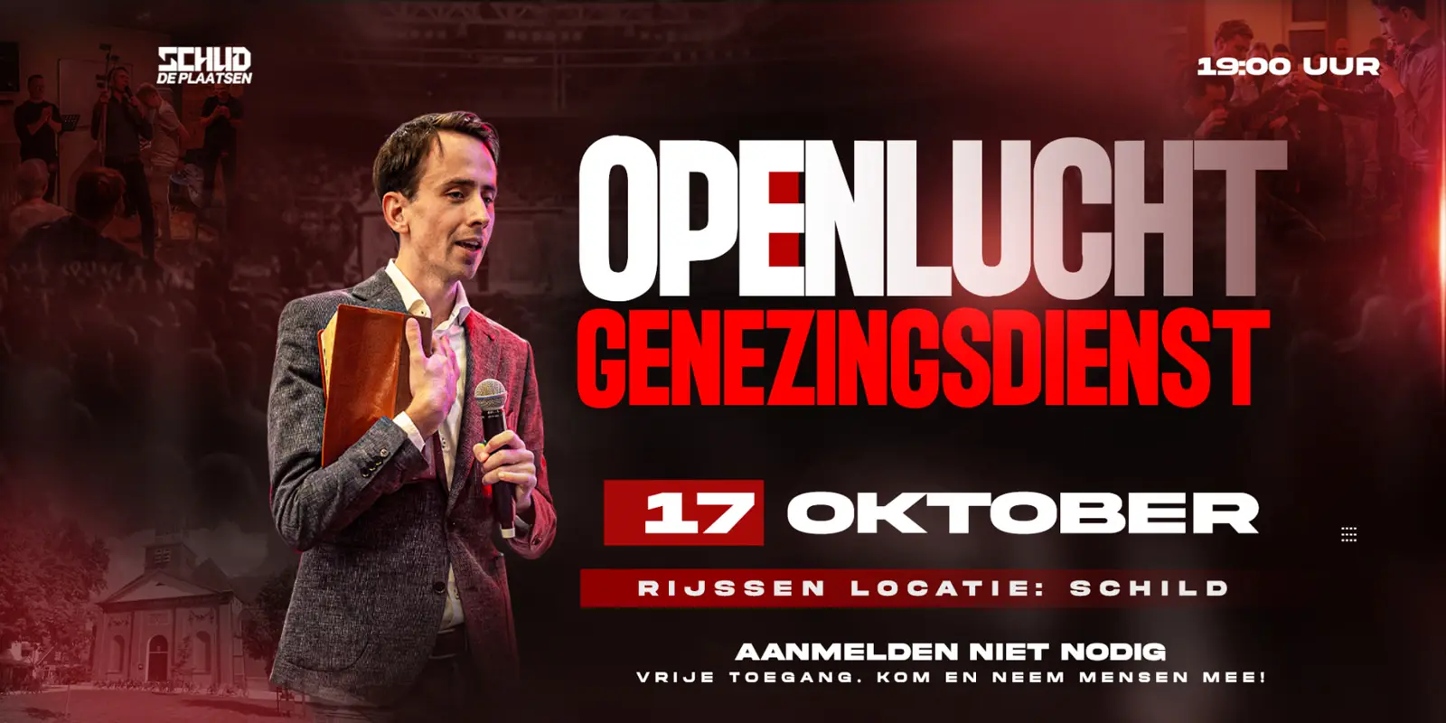 Flyer Openlucht Genezingsdienst — zaterdag 17 oktober 2026, 19:00 uur, Rijssen locatie Schild. Aanmelden niet nodig, vrije toegang